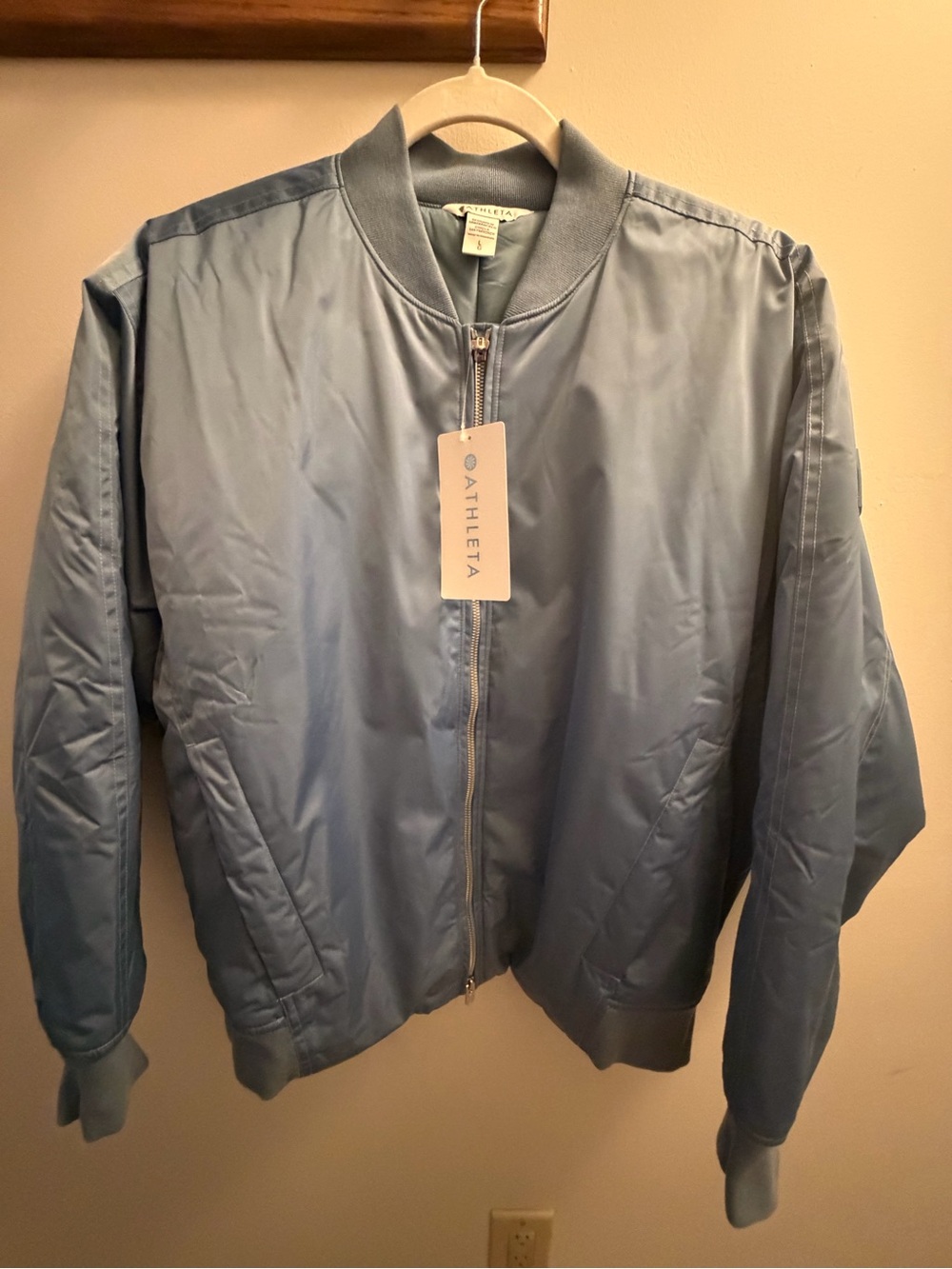 Athleta Pale Blue Satin Bomber Jacket